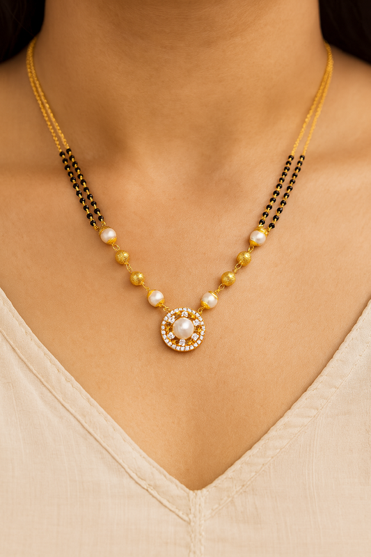 Elegant Pearl & CZ Daily Wear Mangalsutra – Gold Plated Double Chain Design