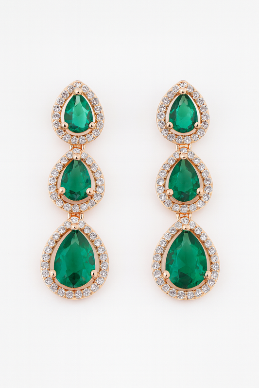 Rose-Gold Triple Emerald Drop Earrings – CZ Halo Statement Design