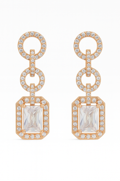 Rose-Gold Plated CZ Statement Drop Earrings with Geometric Link Design