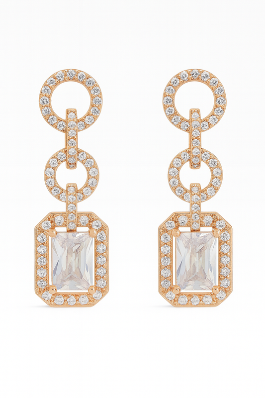 Rose-Gold Plated CZ Statement Drop Earrings with Geometric Link Design