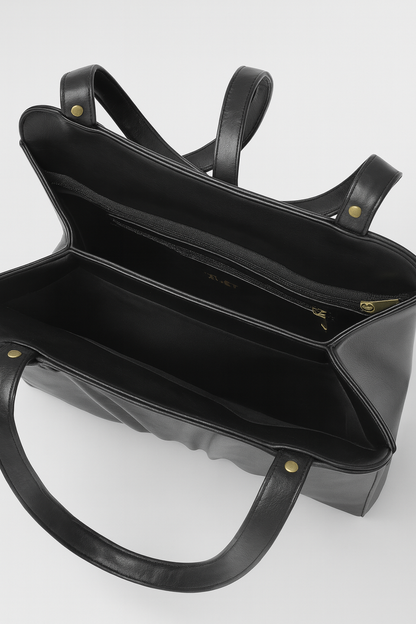 ZUBY Classic Black Pleated Handbag – Structured Tote with Elegant Draped Front and Gold Accents