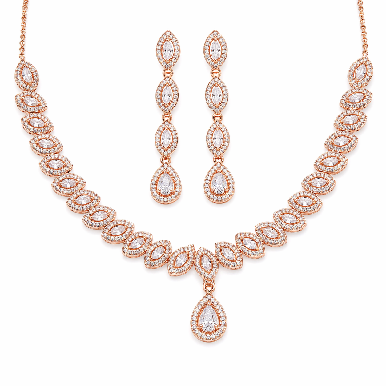 Rose Gold Plated Teardrop Crystal Necklace Set with Long Earrings – Luxury Bridal Jewellery