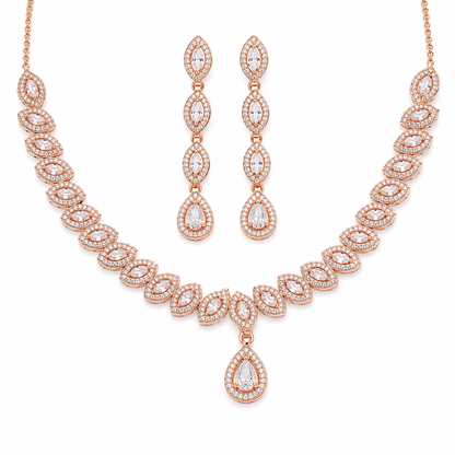 Rose Gold Plated Teardrop Crystal Necklace Set with Long Earrings – Luxury Bridal Jewellery