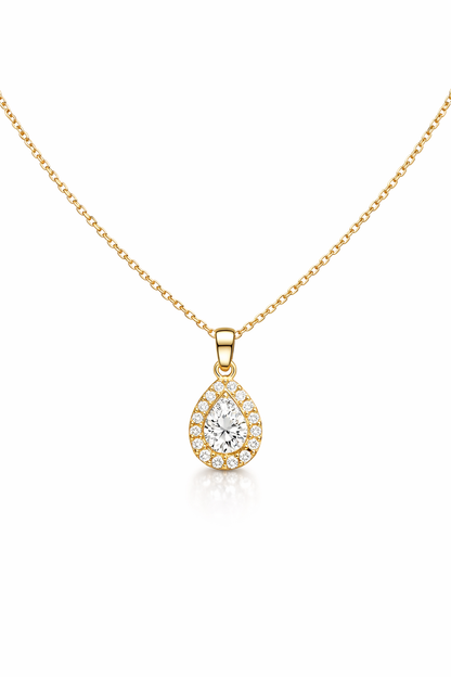 Gold-Plated Teardrop CZ Pendant Necklace for Women – Elegant Halo Crystal Jewellery