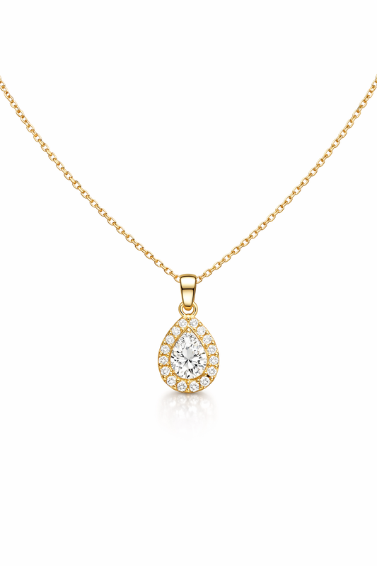 Gold-Plated Teardrop CZ Pendant Necklace for Women – Elegant Halo Crystal Jewellery