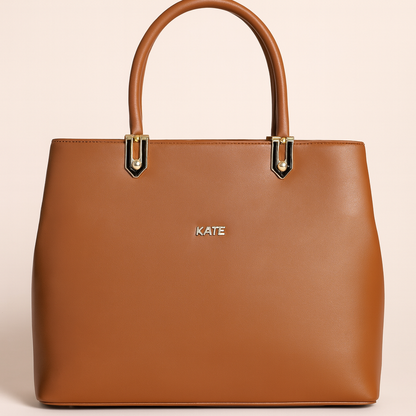 Kate Tan Faux Leather Structured Handbag – Elegant Daily Office Tote with Rear Zip Pocket