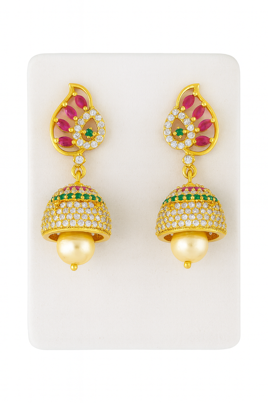 Gold-Plated Jhumka Earrings with Ruby, Emerald, and Pearl Detailing